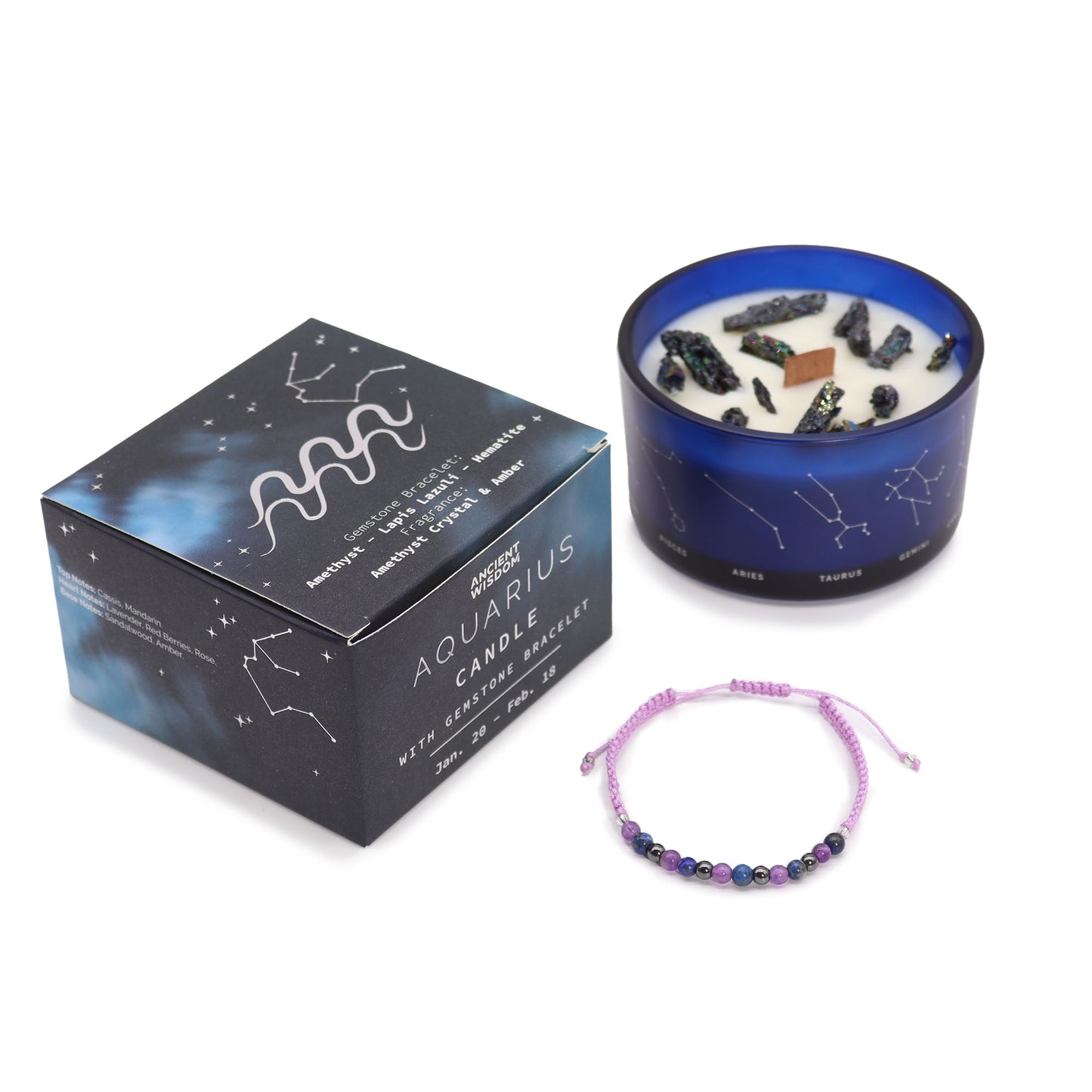 Vela de cristal de Acuario con pulsera de piedras preciosas