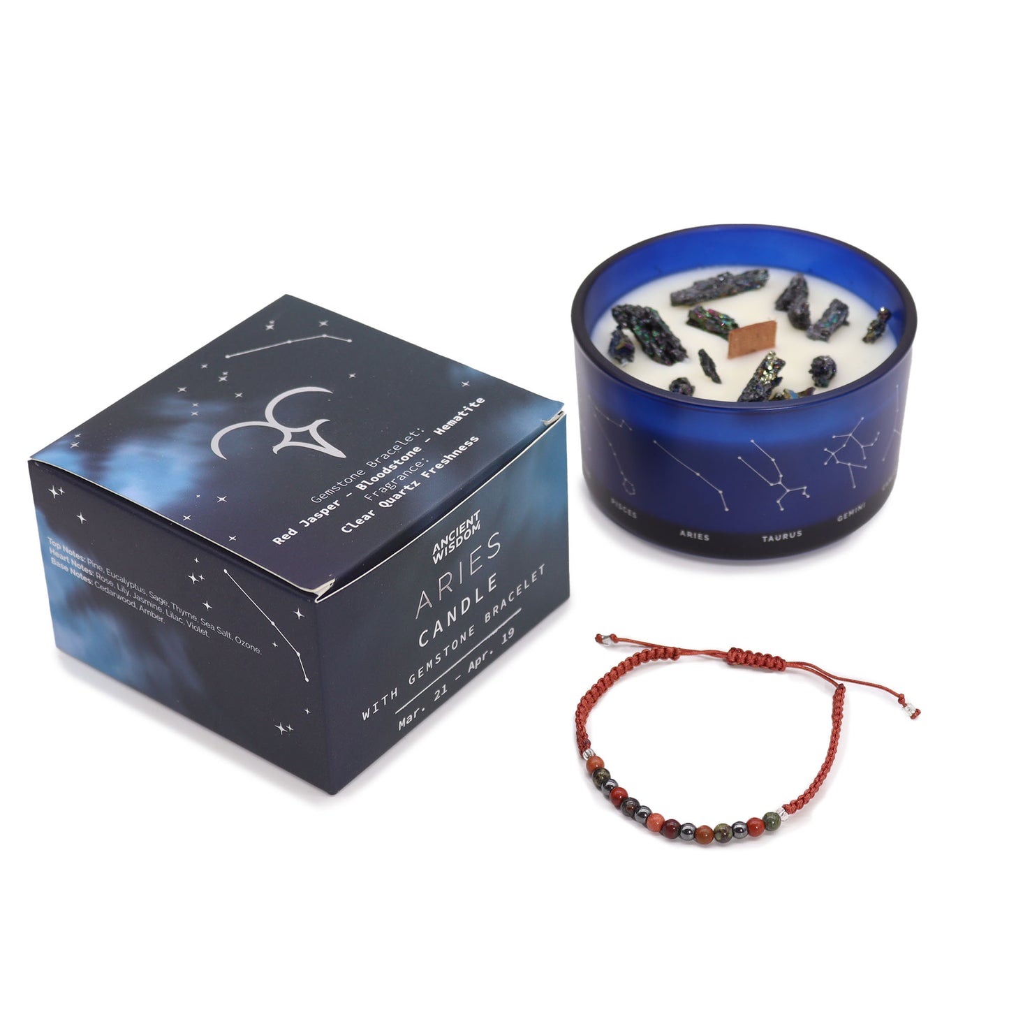 Aries crystal candle with gemstone bracelet