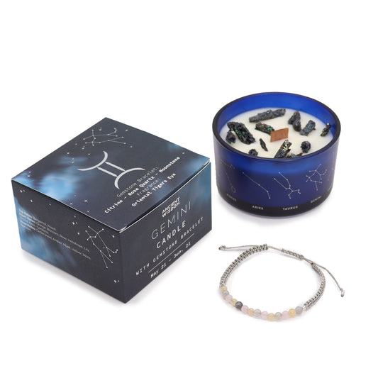 Vela de cristal Géminis con pulsera de piedras preciosas