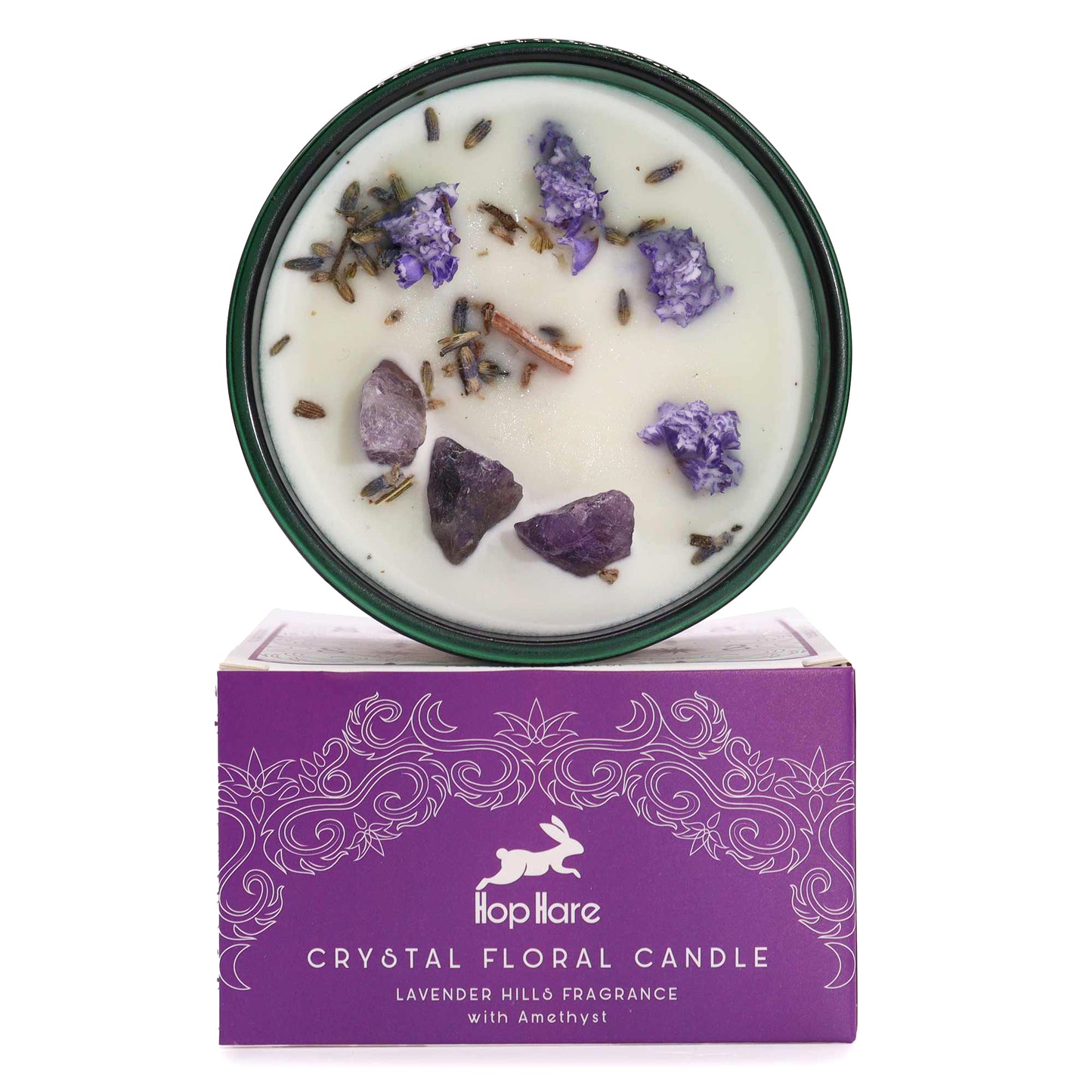 Hop Hare scented candle with Amethyst and delicate dried flowers – The Moon