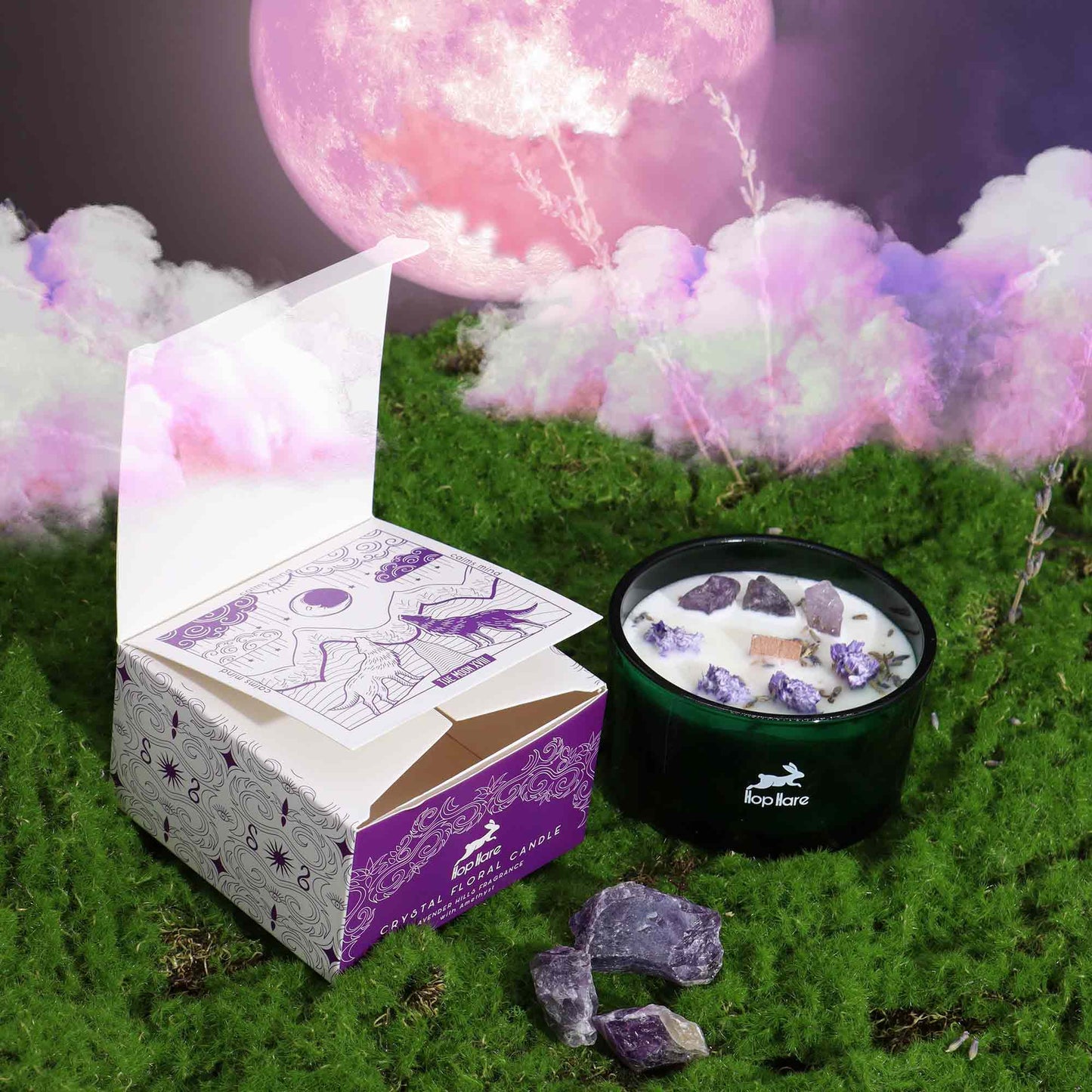 Hop Hare scented candle with Amethyst and delicate dried flowers – The Moon