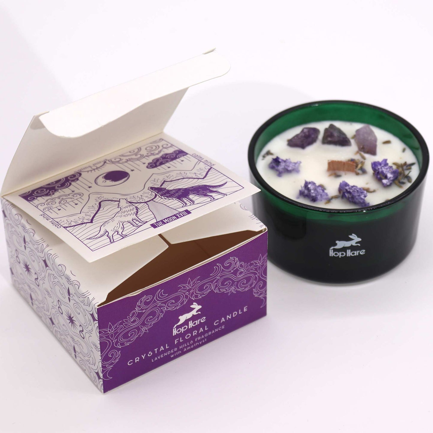 Hop Hare scented candle with Amethyst and delicate dried flowers – The Moon