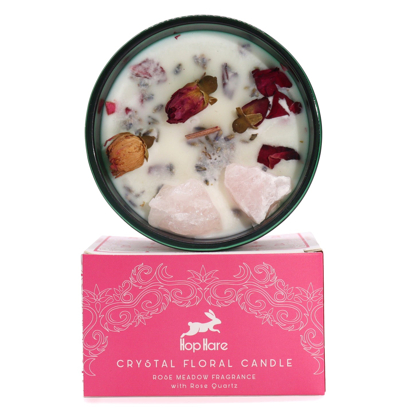 Hop Hare scented candle with Rose Quartz and red Roses - The Lovers