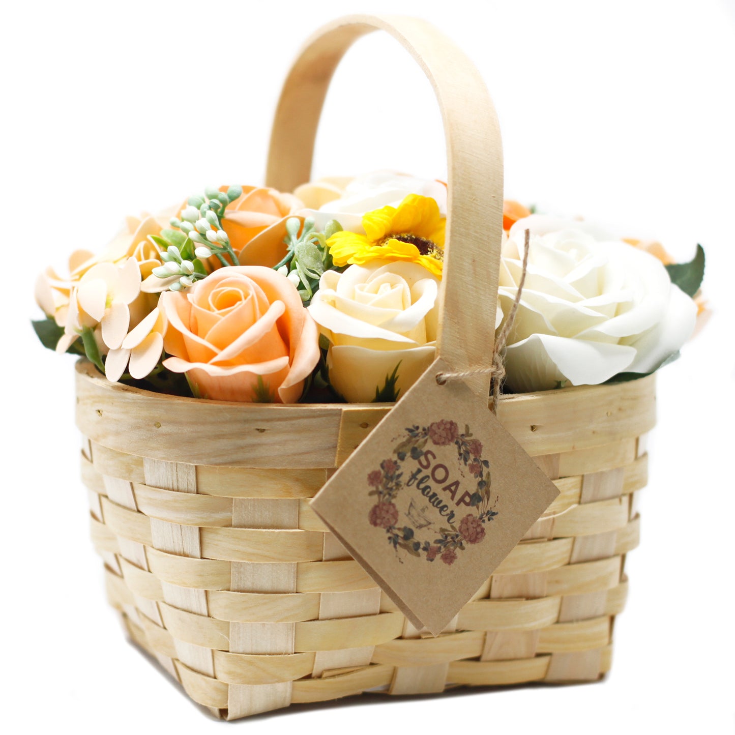 Large orange bouquet of soap flowers in a wicker basket