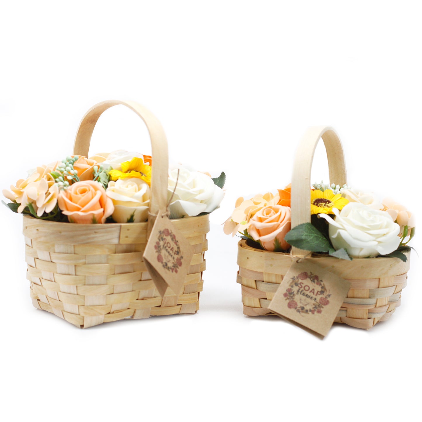 Large orange bouquet of soap flowers in a wicker basket