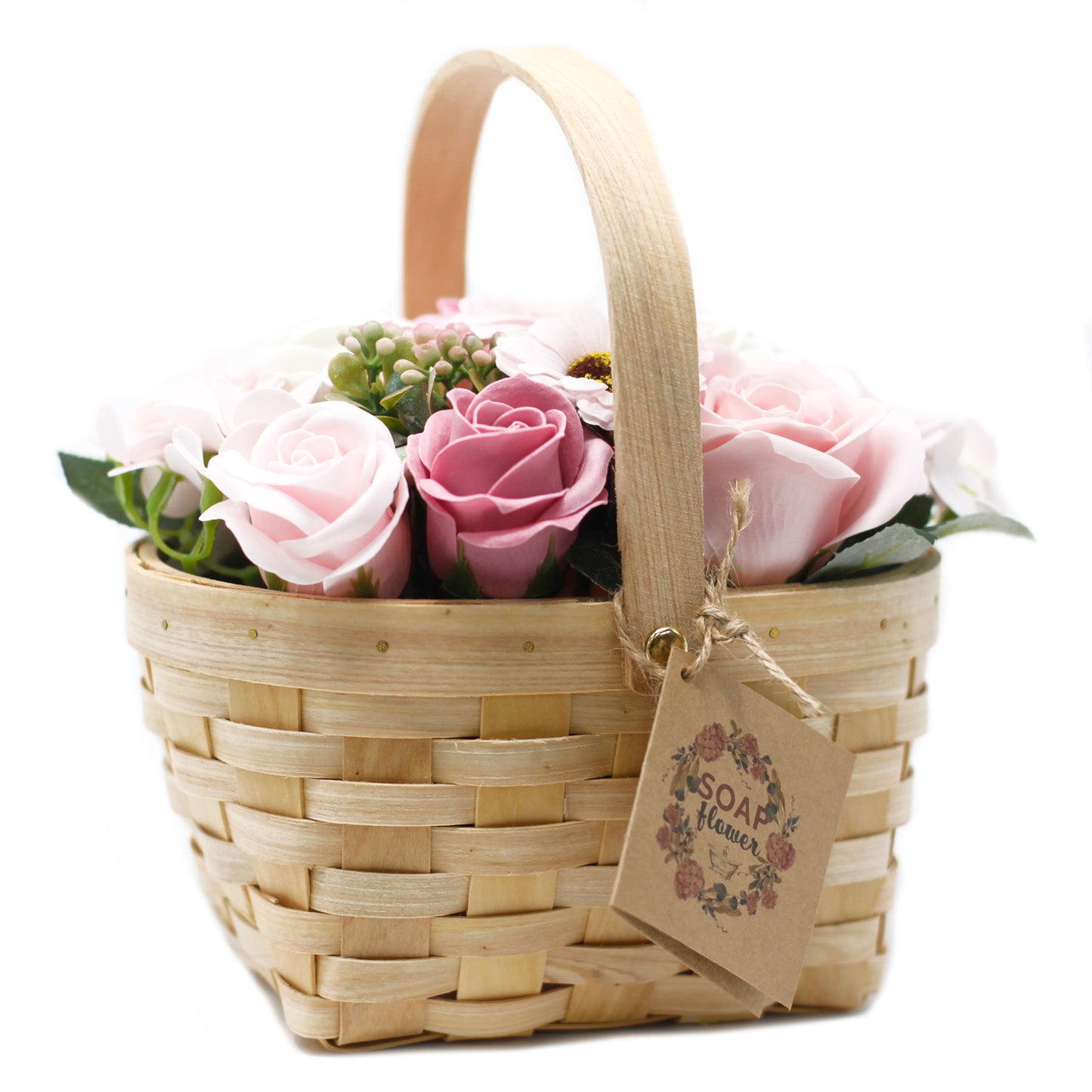 Large pink bouquet of soap flowers in a wicker basket