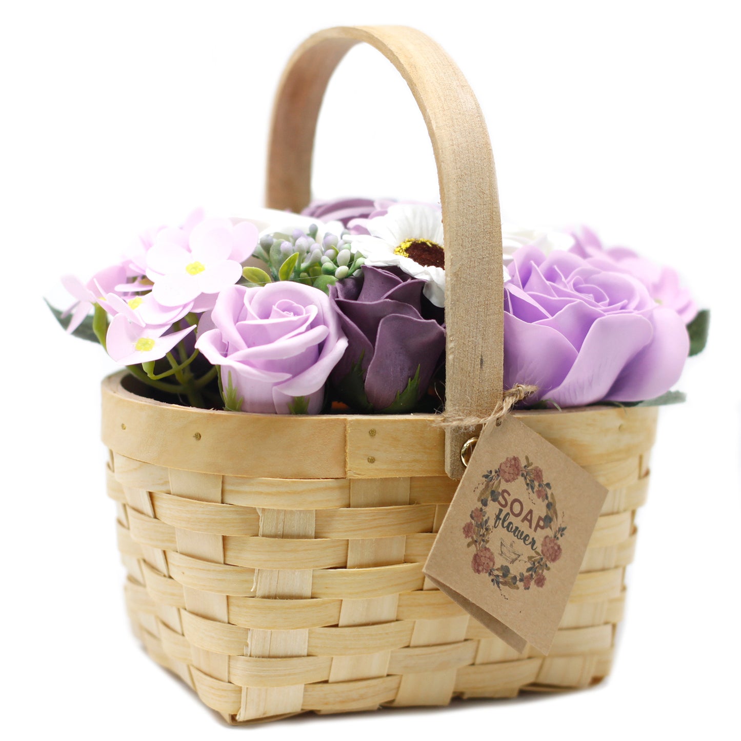 Large purple bouquet of soap flowers in a wicker basket