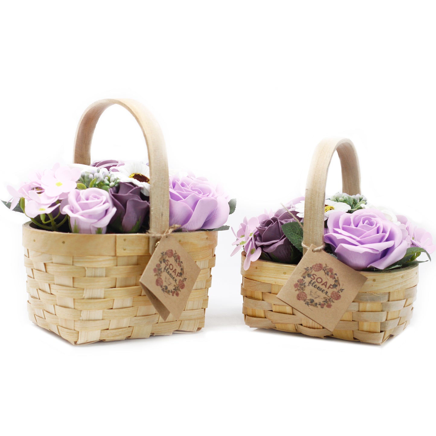 Large purple bouquet of soap flowers in a wicker basket