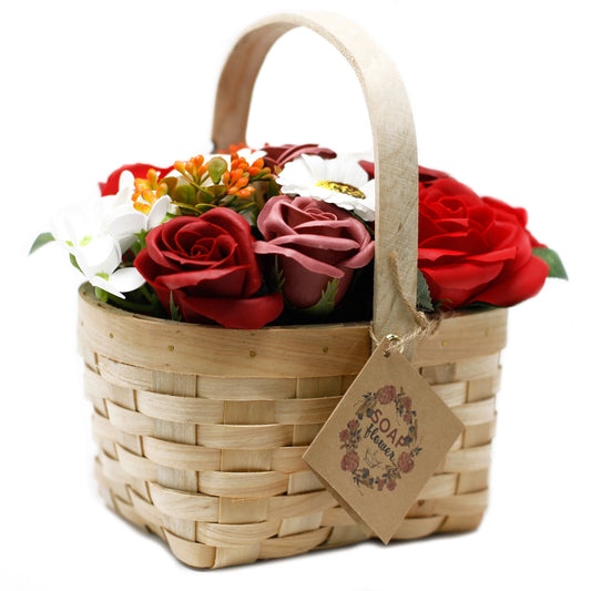 Large red bouquet of soap flowers in a wicker basket