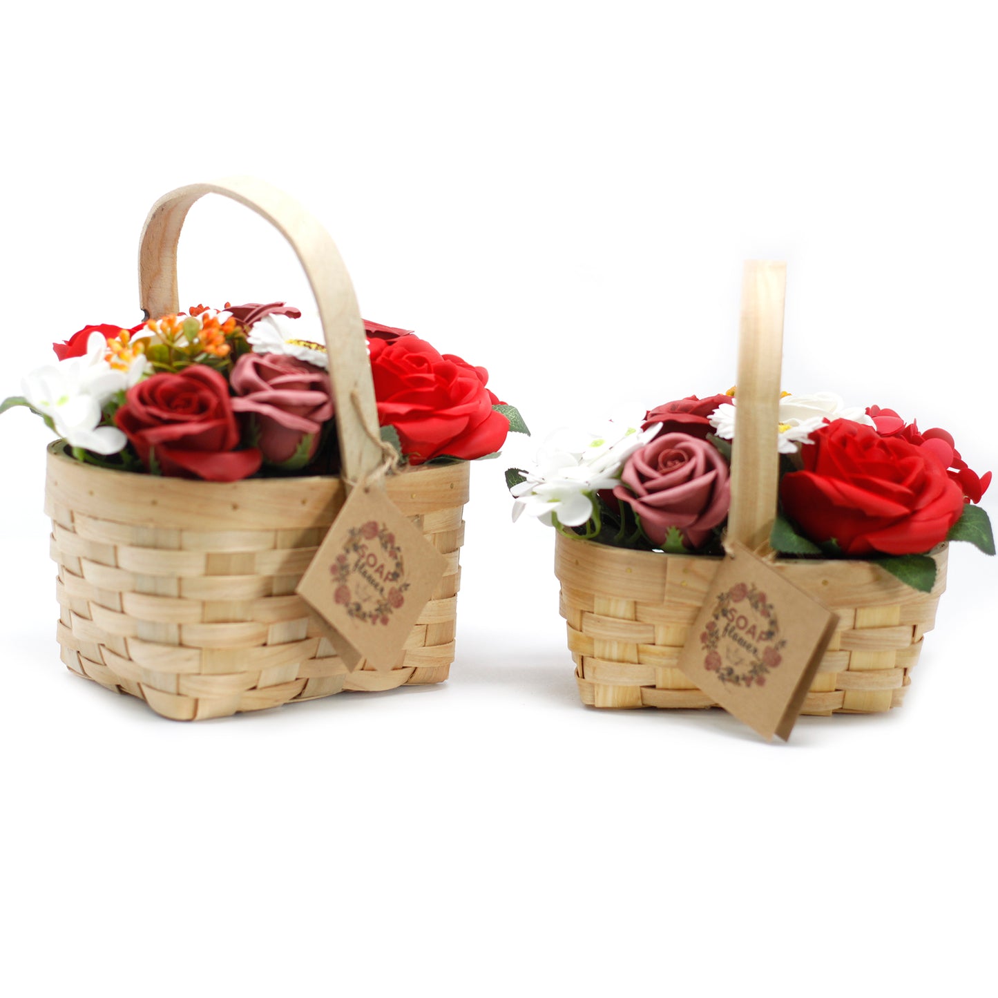 Large red bouquet of soap flowers in a wicker basket