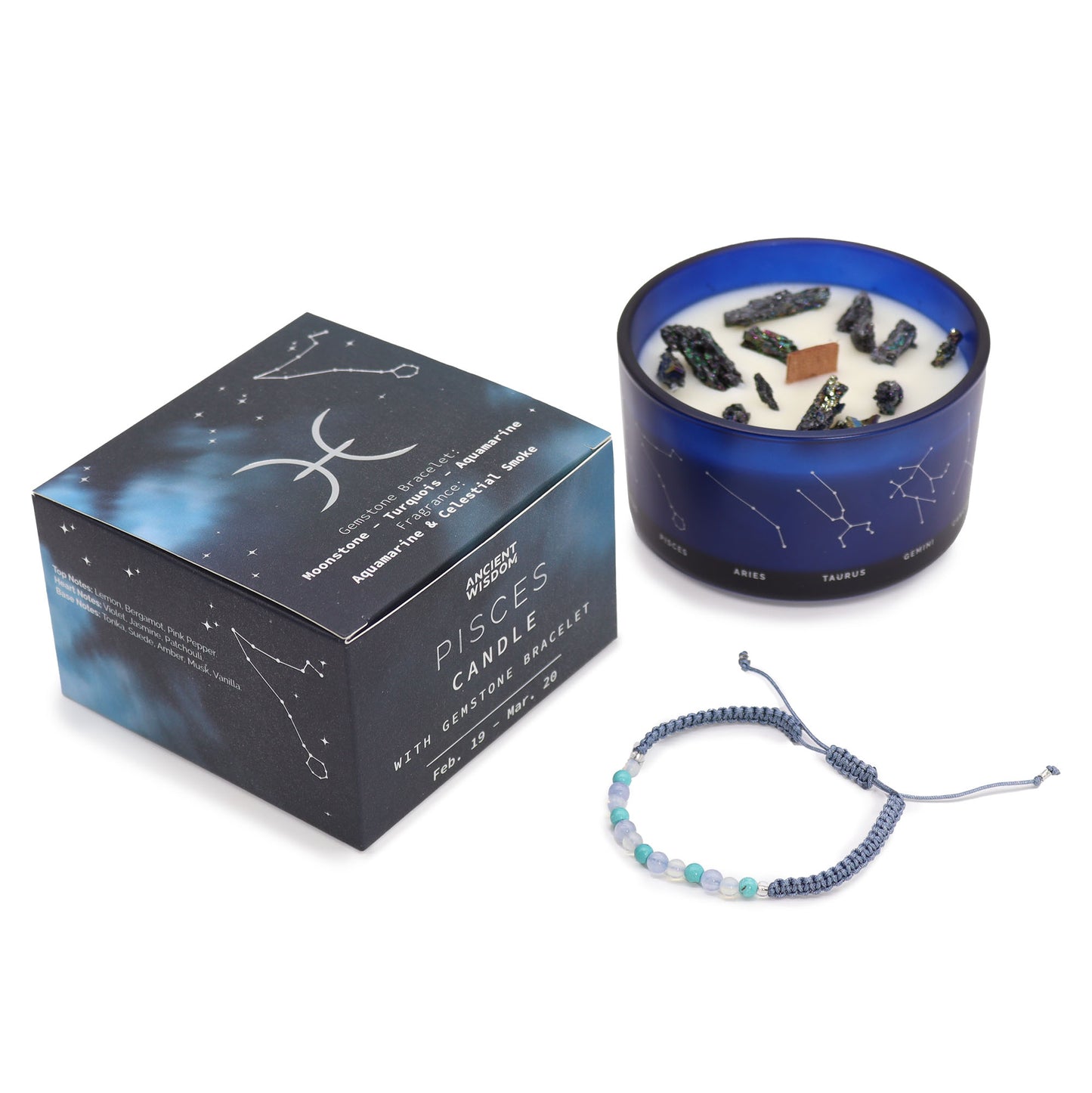 Vela de cristal Piscis con pulsera de piedras preciosas