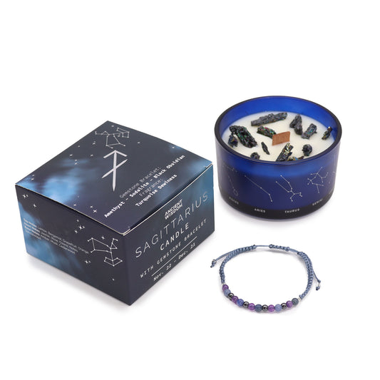 Vela de cristal Sagitario con pulsera de piedras preciosas