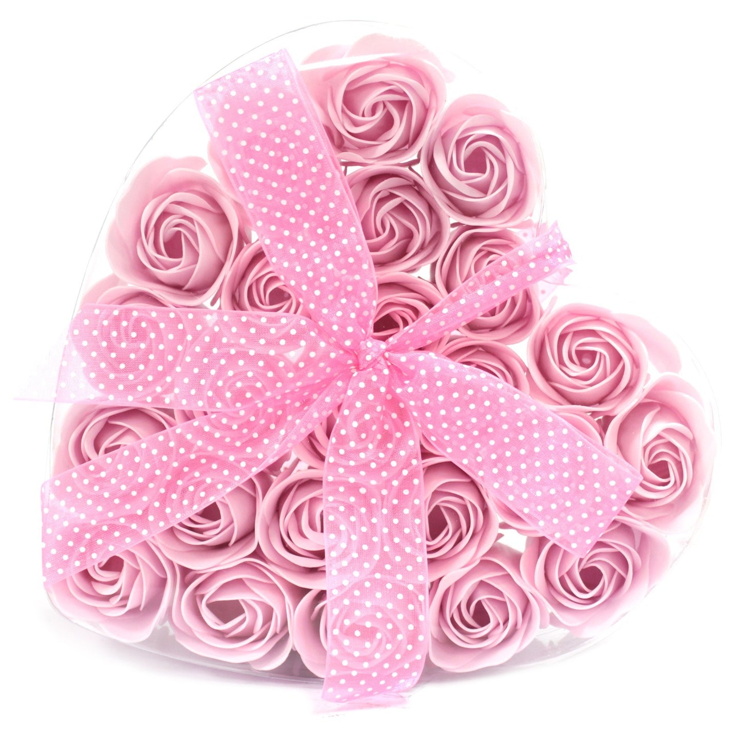 Set of 24 pink soap roses in a heart-shaped box