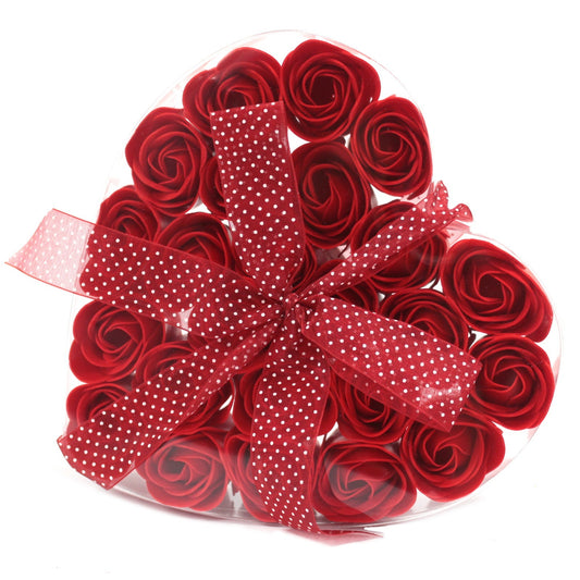 Set of 24 red soap roses in a heart-shaped box