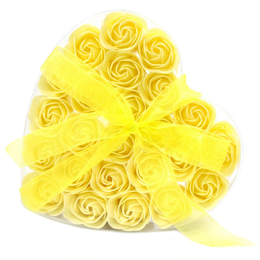 Set of 24 yellow soap roses in a heart-shaped box