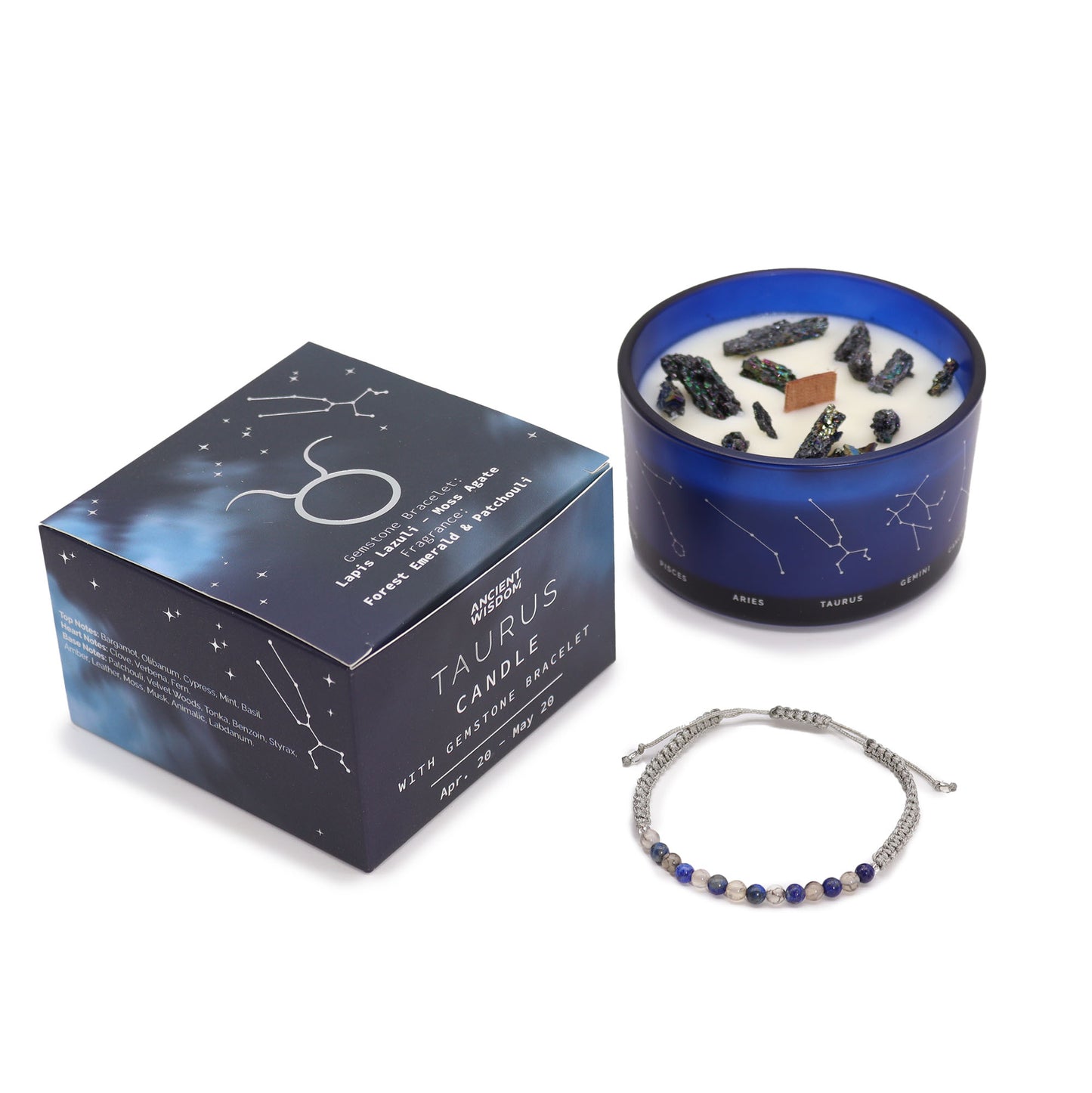 Vela de cristal Tauro con pulsera de piedras preciosas