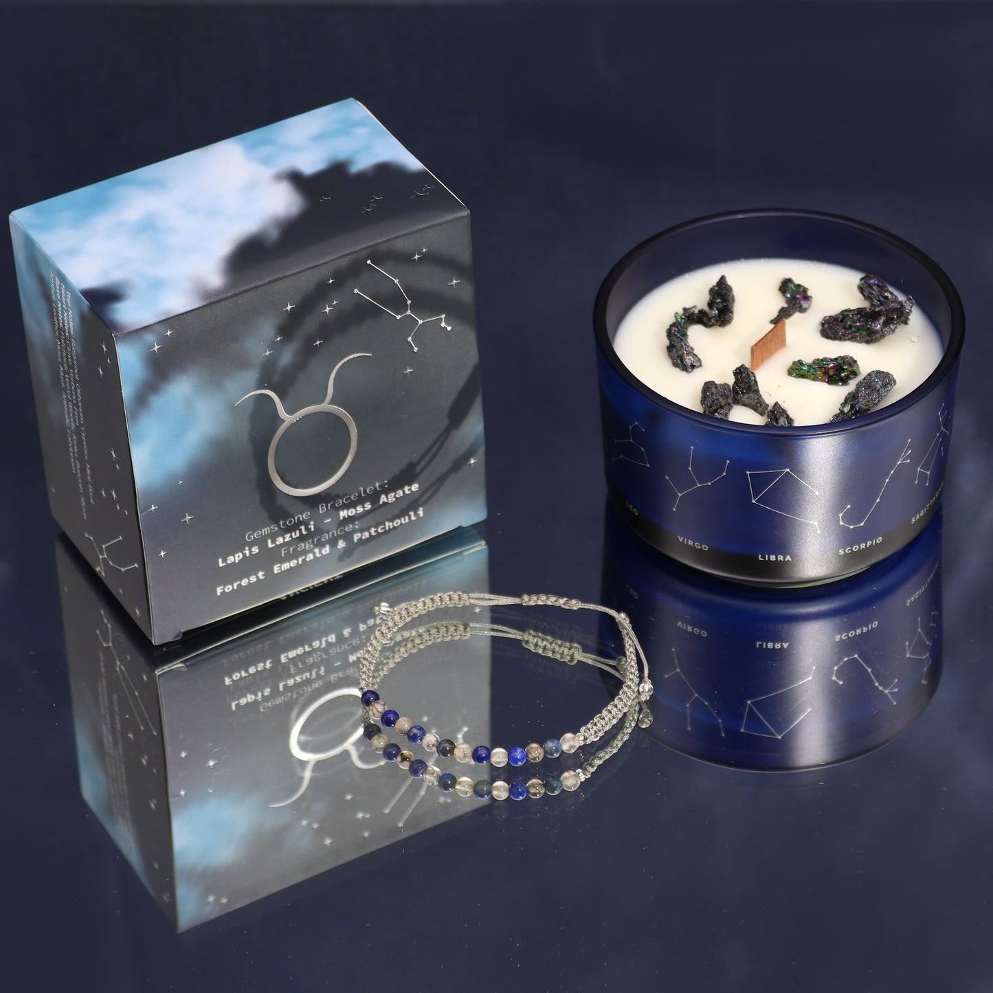 Taurus crystal candle with gemstone bracelet